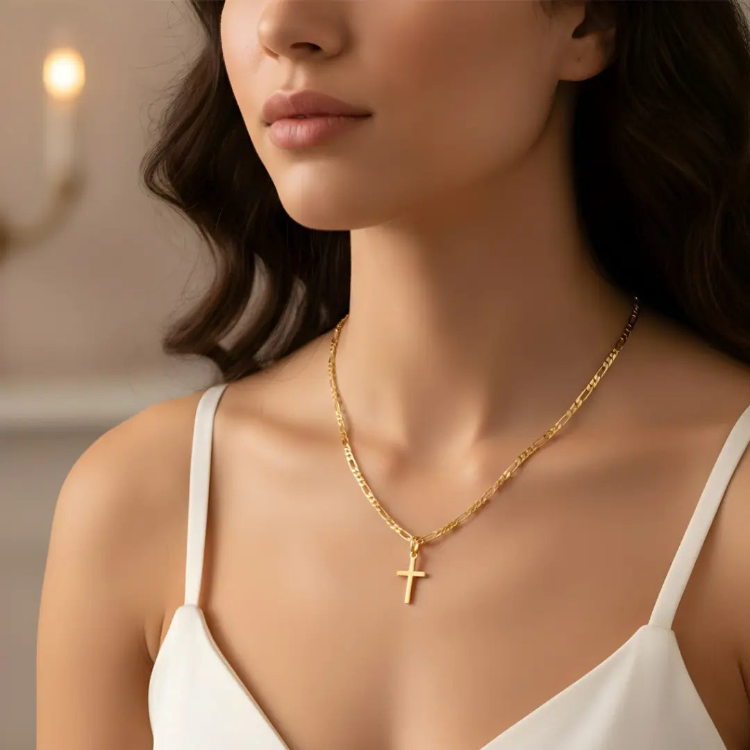 14K Gold Filled Latin Cross Necklace – 18mm Polished Cross Pendant with 58cm x 2mm Italian Figaro Chain for Men & Women